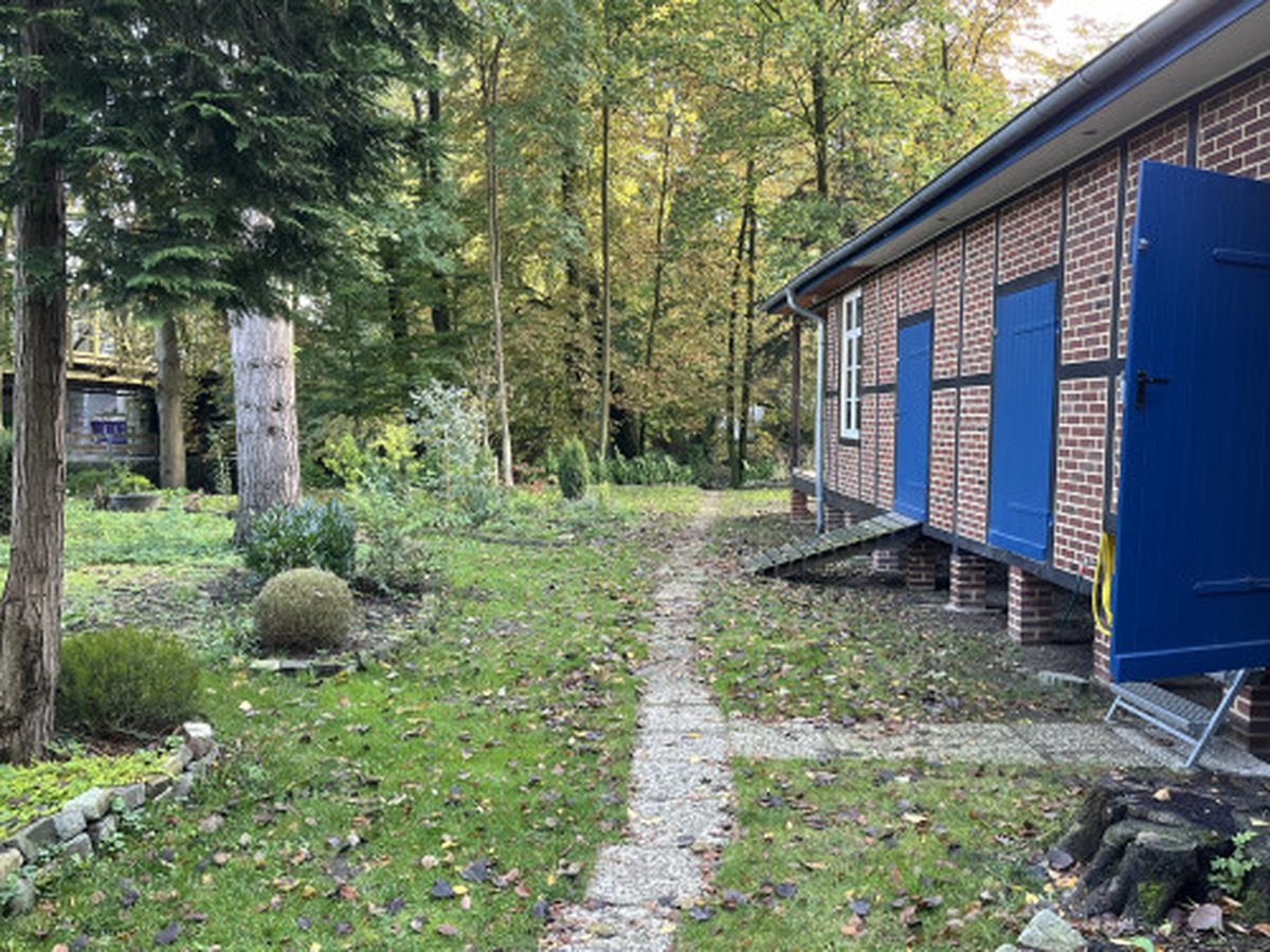 Holzskulptur im Garten mit Blick auf den Werkplatz am Bootshaus